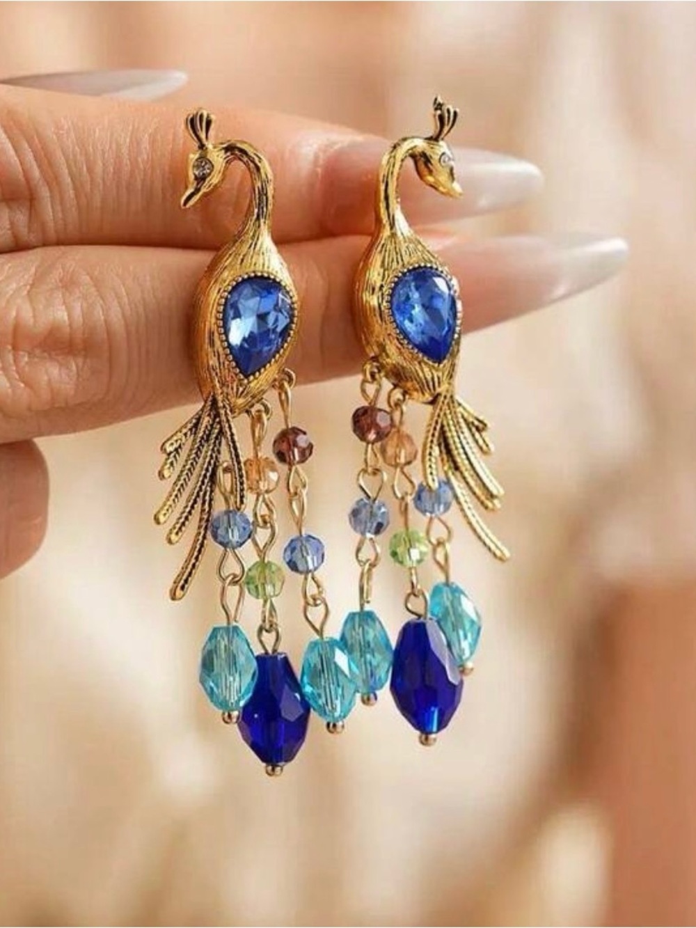 Gold Peacock Earrings with Blue and Teal Gems - Picture 5 of 7
